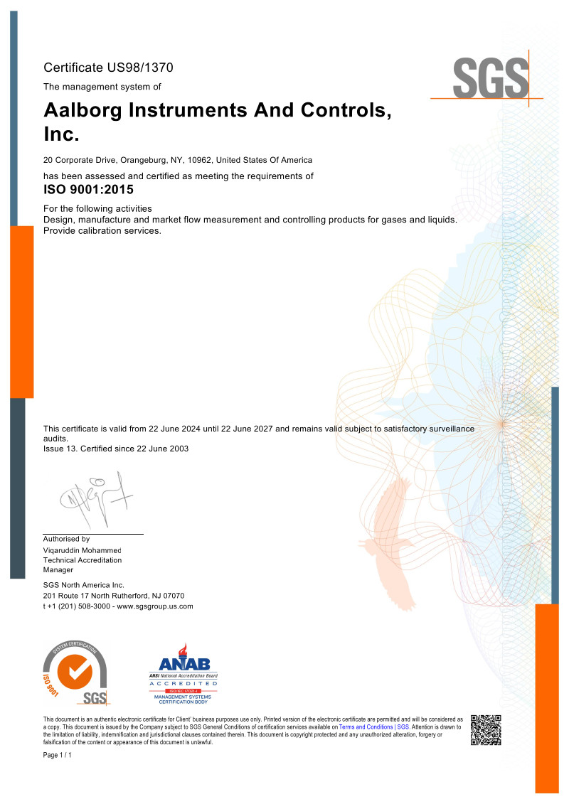 Aalborg Instruments ISO 9001:2015 Zertifizierung